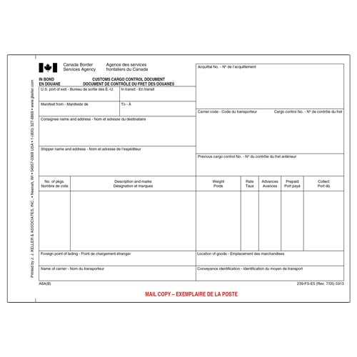 Customs Cargo Control Document, Manifest & Bill of Lading, 5913
