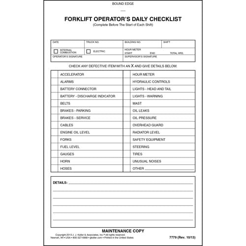 Forklift Operator Daily Checklist, Book Format, Carbonless