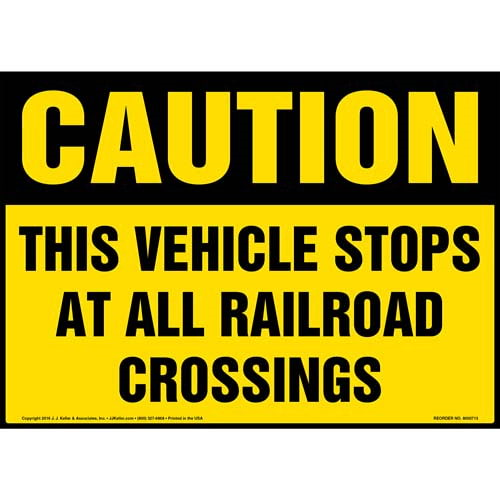 Caution, This Vehicle Stops At All Railroad Crossings Decal with Icon