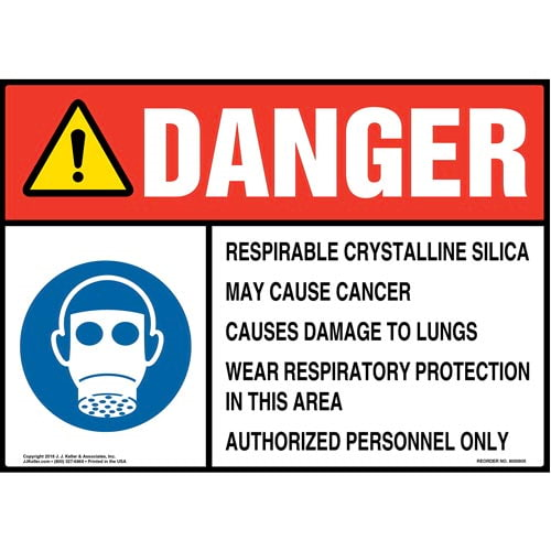 Danger, Respirable Crystalline Silica Sign with Facepiece Respirator Icon