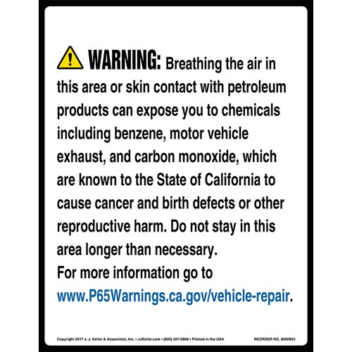 California Prop 65, Vehicle Repair Warning Sign