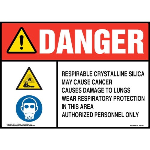 Danger, Respirable Crystalline Silica Sign with Hazard & Facepiece Respirator Icons