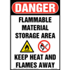 Danger, Flammable Material Storage Area, Keep Heat & Flames Away Sign with Icons