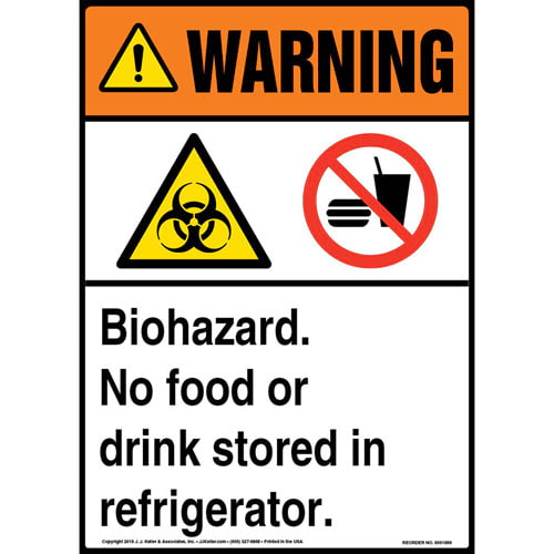 Warning, Biohazard, No Food or Drink Stored in Refrigerator Sign with Icons