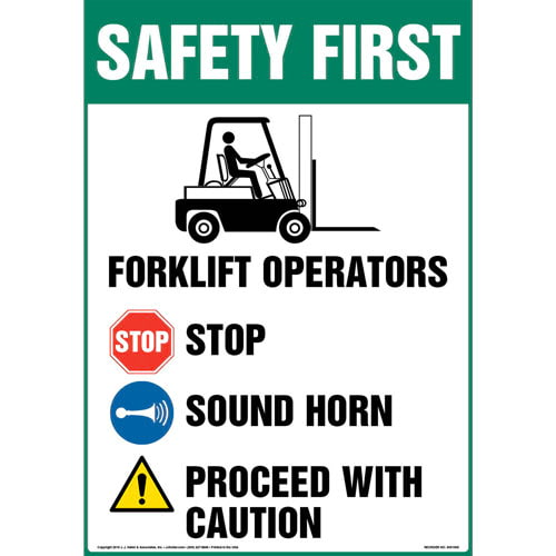 Safety First, Forklift Operators Stop, Sound Horn, Proceed With Caution Floor Sign