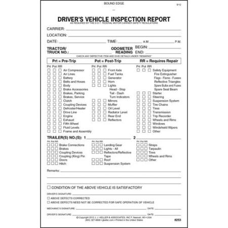 Detailed Driver's Vehicle Inspection Form, 3-Part, Carbonless