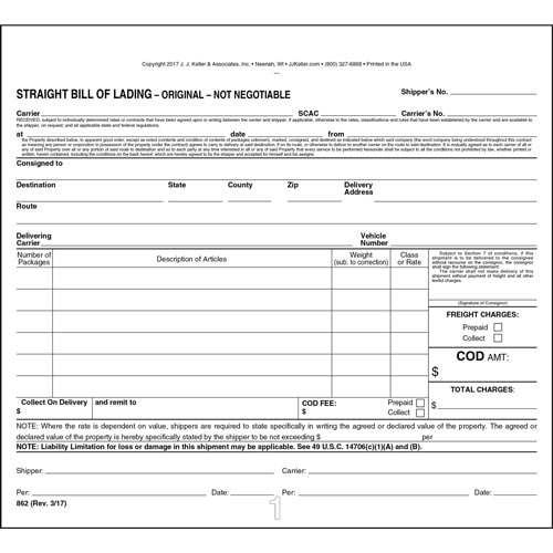 Straight Bill of Lading, Short Form, Snap Out, 3Ply with Carbon