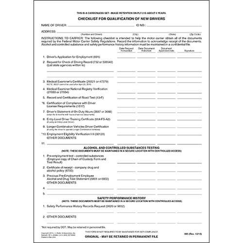Check Sheet for Driver Qualification Form