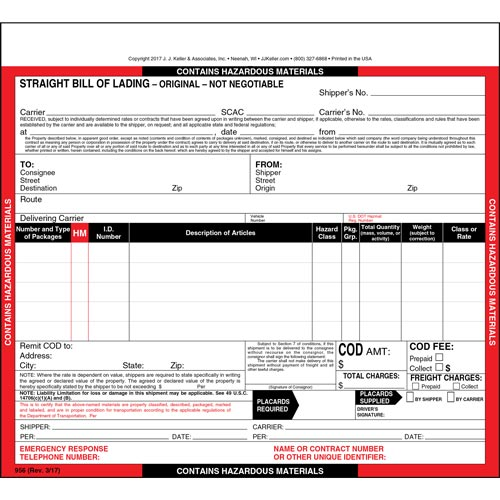 Hazardous Materials Straight Bill Of Lading, Snap Out, 3 Ply, Carbonless