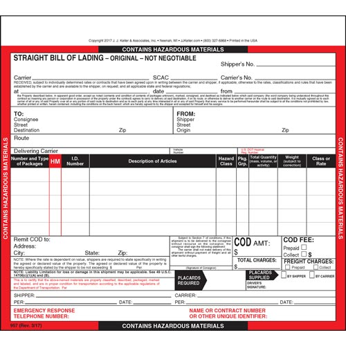 Hazardous Materials Straight Bill Of Lading, Snap Out, 4-Ply, Carbonless