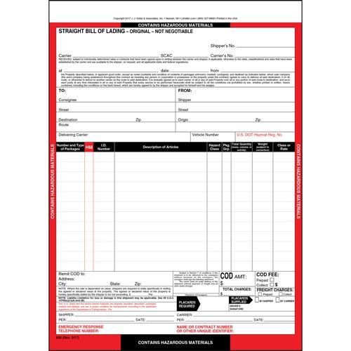 Hazardous Materials Straight Bill Of Lading, Snap-Out, 3 Ply, Carbonless