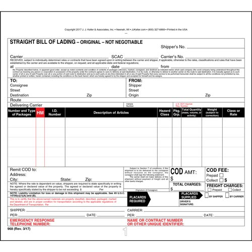 Straight Bill Of Lading, Snap-Out, 4 Ply, Carbonless, 8-1/2" x 7"