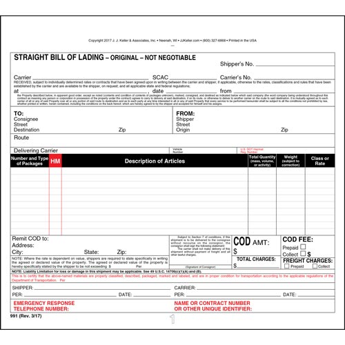 Straight Bill of Lading, Universal Form, Snap Out, 3-Ply, Carbonless