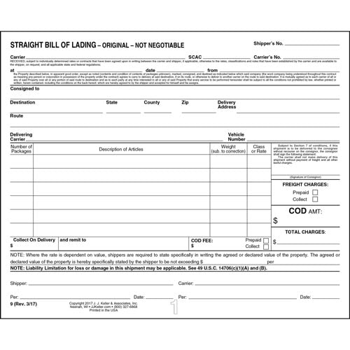 Straight Bill Of Lading, Short Form, Padded, 3-Ply, Carbon