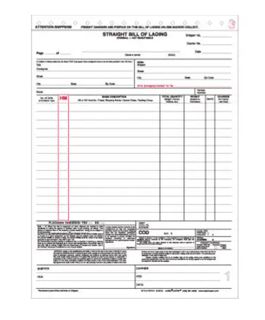 Straight Bill of Lading, Universal Form, 3 Ply, Carbon