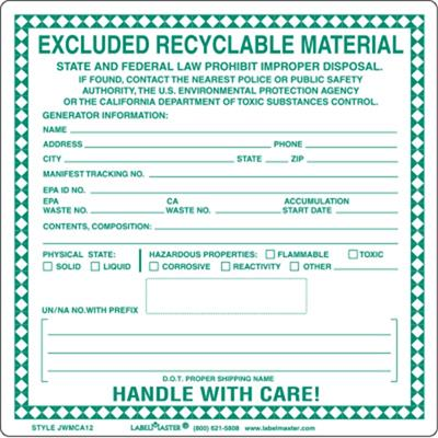Excluded Recyclable Material Label for 12mm UN/NA, Paper, 100 Pack