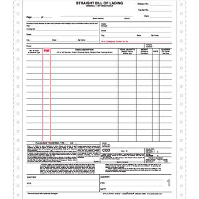Straight Bill of Lading, Pin Feed, 4 Part, 8.5" x 11"