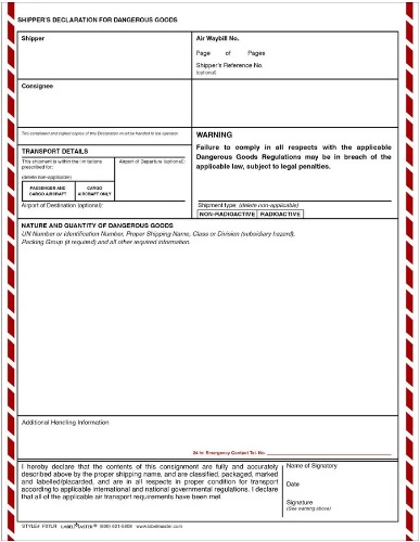 Shippers Declaration for Dangerous Goods Form