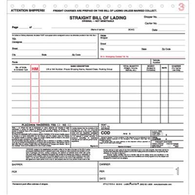 Straight Bill Of Lading, Snap Out, 3 Part, 8.5" x 8.5"