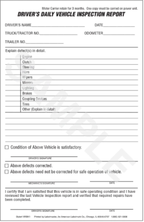 Drivers Daily Vehicle Inspection Report Book, Standardized