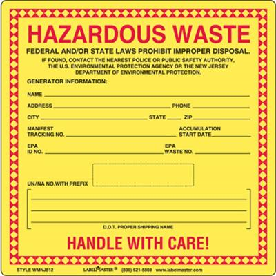 New Jersey Waste Label for 12mm UN/NA, Stock, PVC Free Film, 100 Pack