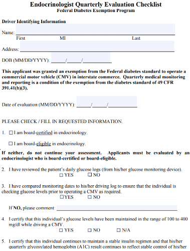 Quartely Endocrinologist Evaluation Form for Exempted Drivers