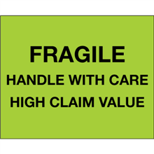 8" x 10" Fragile Handle With Care - High Claim Value Fluorescent Green Labels