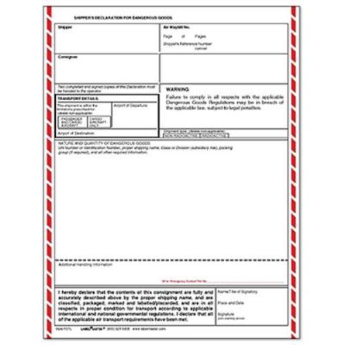 Shippers Declaration for Dangerous Goods Form Laser no Columns