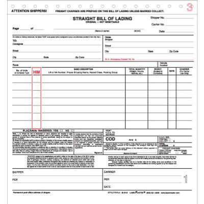 Straight Bill of Lading Form - Snap Out  3 Part 8.5" x 11"