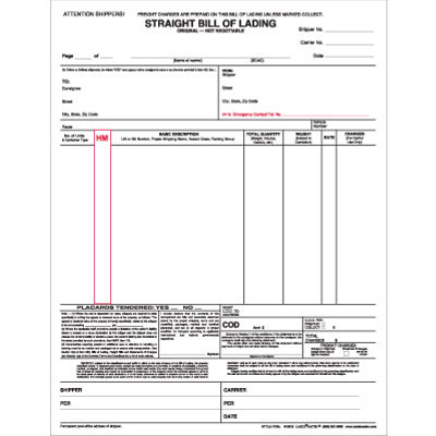 Straight Bill of Lading Form - Laser 1 Part  8.5" x 11"