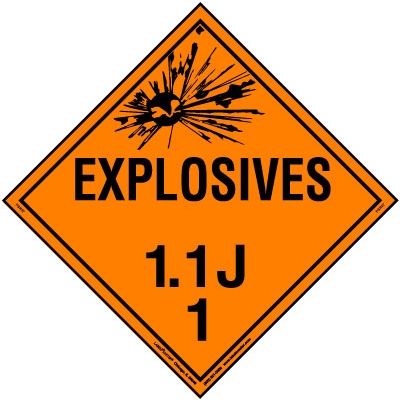 Explosive Class 1.1 J Placard, Tagboard