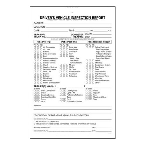 Detailed Drivers Vehicle Inspection Report Pre/Post Trip 2 Part Carbonless Book
