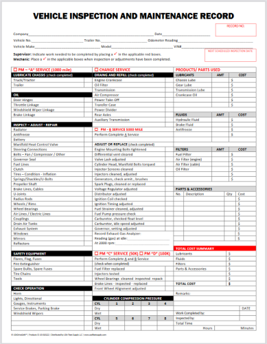 Vehicle Inspection and Maintenance Record, Detailed