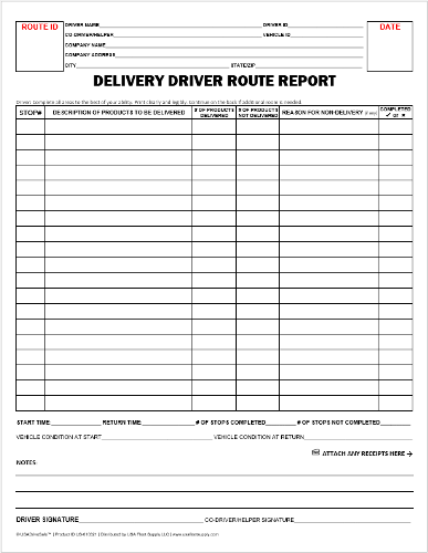 Delivery Driver Route Report, Padded