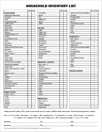 Movers Household Inventory List - Padded