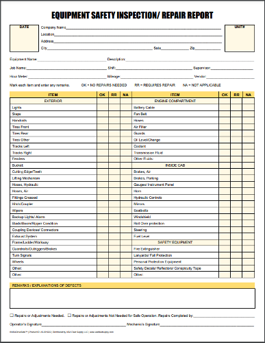 Equipment Safety Inspection Repair Report