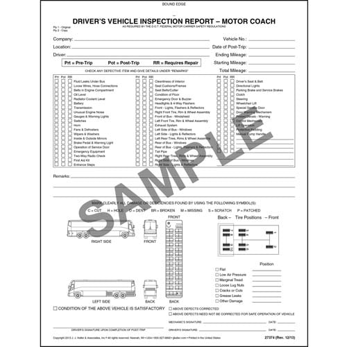 Motor Coach Driver Vehicle Inspection Form - Single