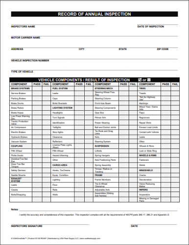 Record of Annual Vehicle Inspection Report Form