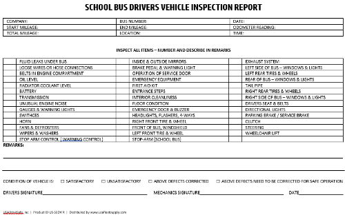 School Bus Drivers Vehicle Inspection Report